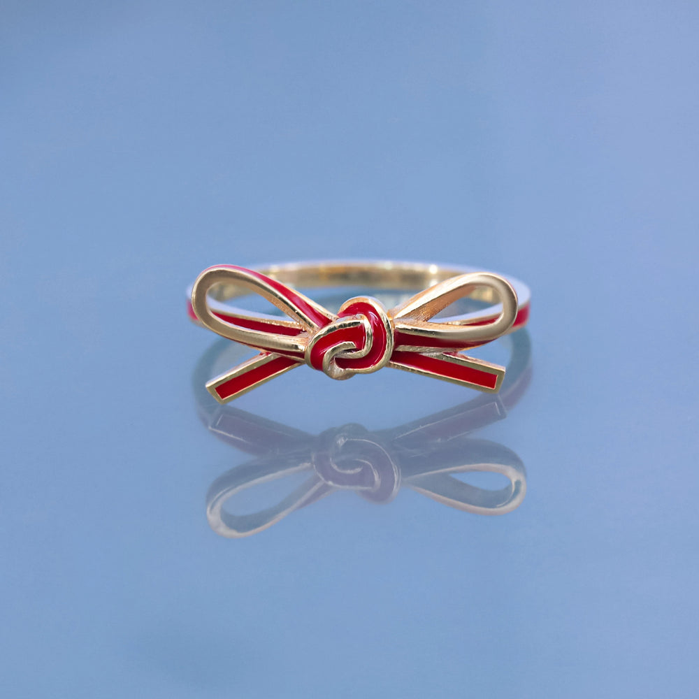 Red Enameled Silver Ribbon Ring